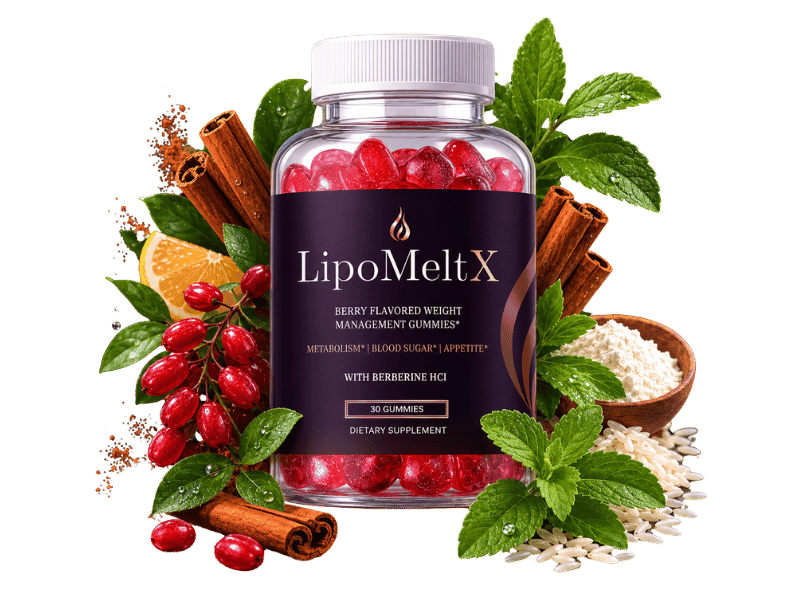 LipoMeltX Gummies bottle with Berberine HCl and botanical ingredients